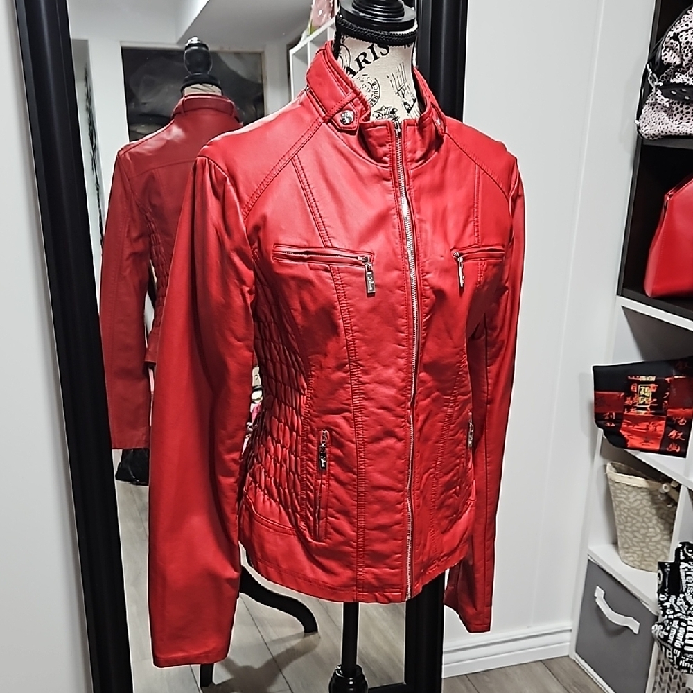 Red faux leather jacket